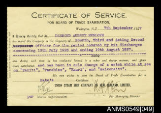 Certificate of service issued to Desmond Aubrey Menlove