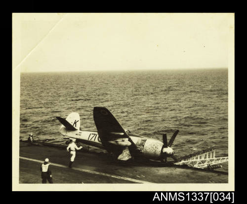 Photograph of a Royal Australian Navy Hawker Sea Fury aircraft accident on the deck of HMAS SYNDEY (III)