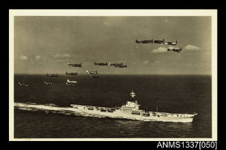 Postcard of planes flying over deck of HMAS SYDNEY III