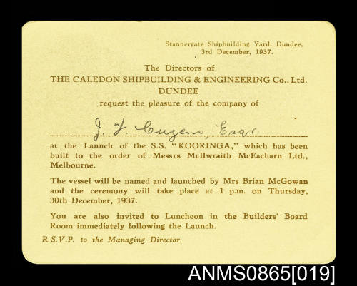 Official invitation to the launch of SS KOORINGA