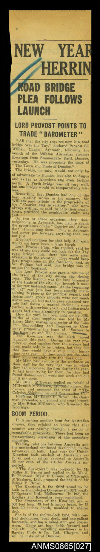 Newspaper cutting relating to the launch of SS KOORINGA