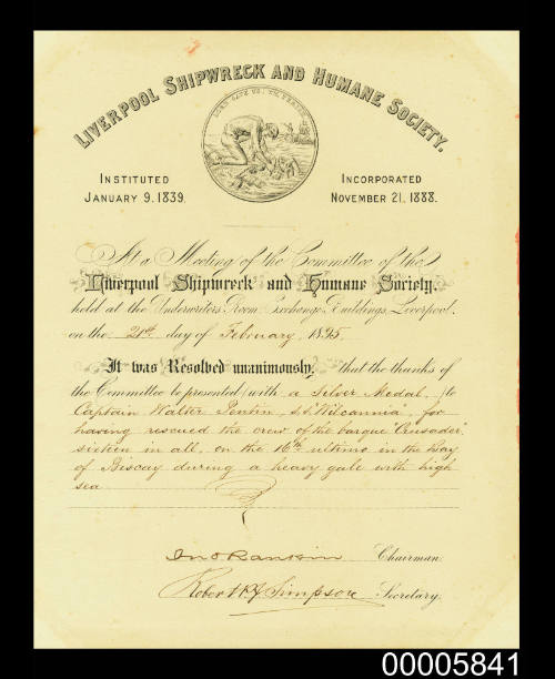 Certificate presented by the Liverpool Shipwreck and Humane Society to Captain Walter Pentin of the SS WILCANNIA