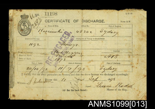 Certificate of discharge for Frederick Heggen from the KOSCIUSKO