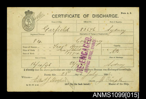 Certificate of discharge for Frederick Heggen from the GARFIELD