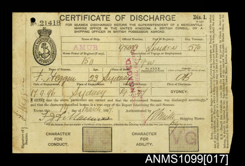 Certificate of discharge for Frederick Heggen from the SS AMUR