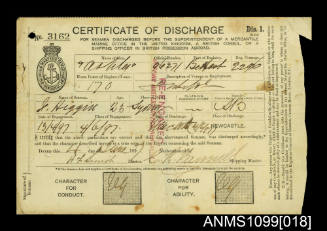 Certificate of discharge for Frederick Heggen from the SS ASHLEY