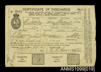 Certificate of discharge for Frederick Heggen from the SS ASHLEY