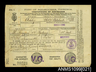 Certificate of discharge for Frederick Heggen from the SS ASHLEY