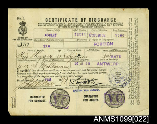 Certificate of discharge for Frederick Heggen from the SS ASHLEY