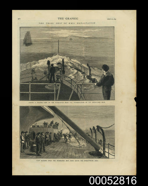 Full newspaper page with two illustrations titled The Trial Trip of HMS DEVASTATION