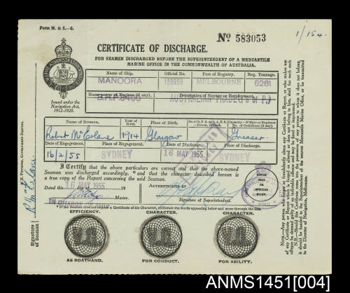 Certificate of Discharge MANOORA