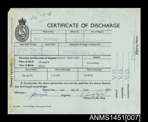 Certificate of Discharge M.V. HARWOOD