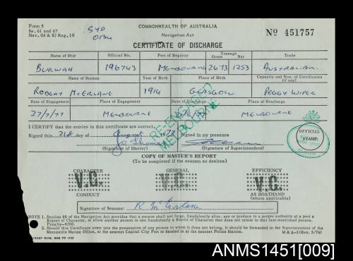 Certificate of Discharge BURWAH