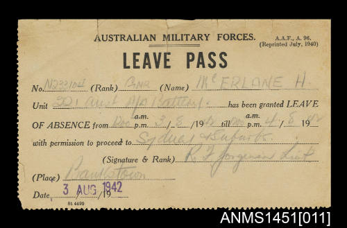 Australian Military Forces Leave Pass