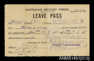 Australian Military Forces Leave Pass