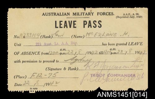 Australian Military Forces Leave Pass