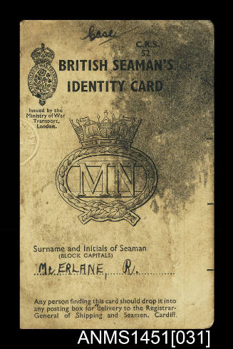 British Seaman's Identity Card Mercantile Marine