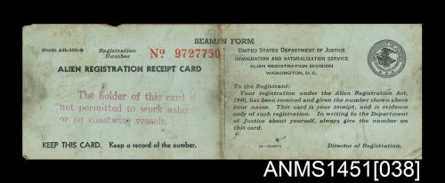 Alien Registration Receipt Card