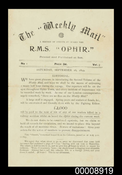 Shipboard newspaper titled The Weekly Mail for RMS OHPHIR