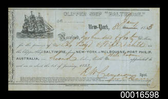Passenger ticket for the clipper ship BALTIMORE from New York to Melbourne