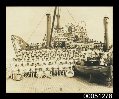 HMS KANIMBLA crew after the capture of MS HOHENFELS and other Axis merchant shipping at Bandar Shapur, Iran