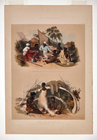 Encampment of native women near Cape Jervis / Natives of Encounter Bay making cord for fishing nets, in a hut  formed by the ribs of a whale.
