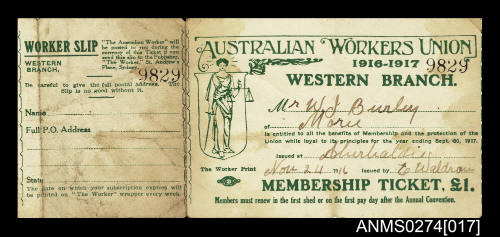 Membership Ticket issued to William Joseph Burley for Australian Workers Union