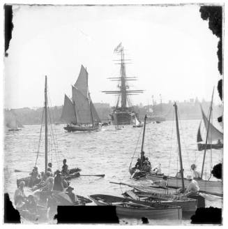 Warship, ketch, smaller yachts and spectator craft at Farm Cove, Sydney Harbour