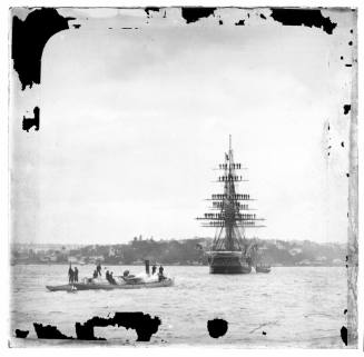 Warship with crew on masts, Sydney Harbour, New South Wales