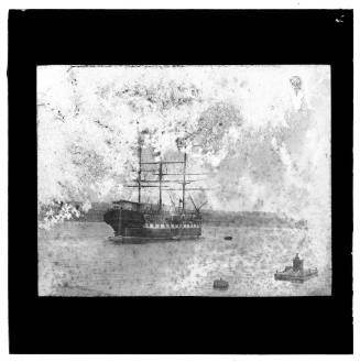 Unidentified three-masted, square-rigged, warship in Sydney Harbour, New South Wales