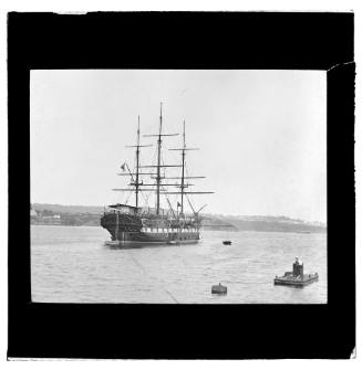 Unidentified three-masted, square-rigged, warship in Sydney Harbour, New South Wales