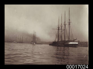 Sailing ships at anchor in harbour