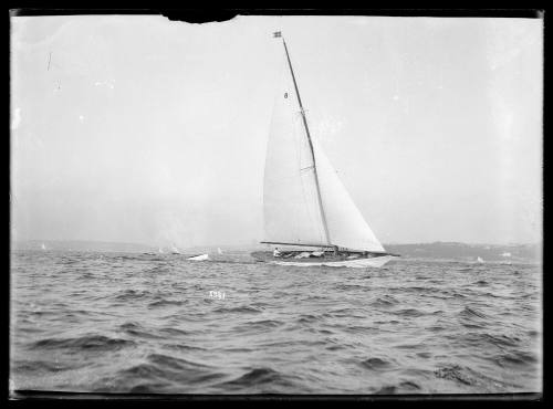 Large yacht with sail number 8 and towing dingy on Sydney Harbour