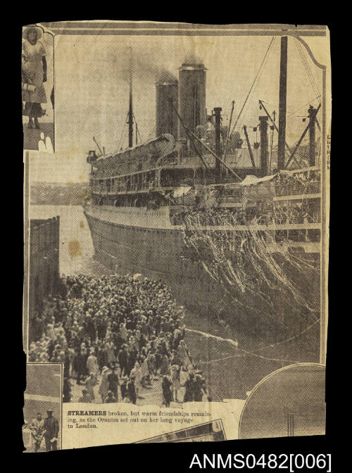 Newspaper clipping with image of SS ORONTES departing for London