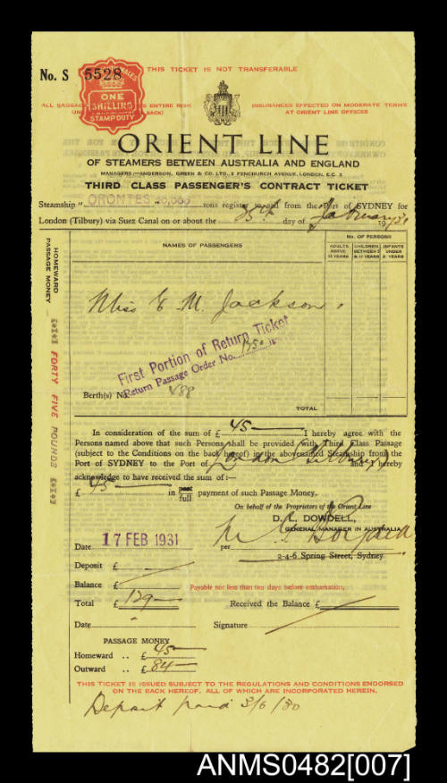 Orient Line Third Class Passengers Contract Ticket issued to Miss EM Jackson sailing on board the SS ORONTES