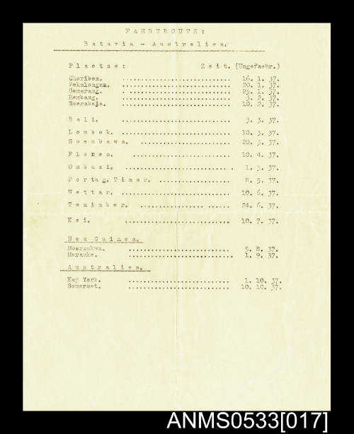 List written by Oskar Speck with dates and places relating to his voyage