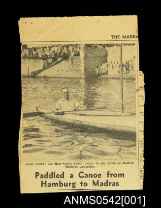 Newspaper clipping titled Paddled a Canoe From Hamburg to Madras