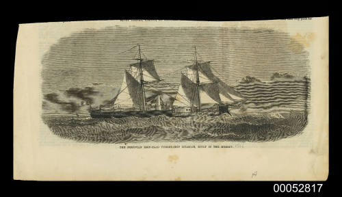 Newspaper clipping with illustration captioned The Peruvian Iron-Clad Turret ship HUASCAR buit in the Mersey