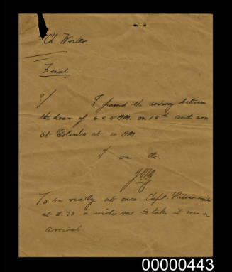 Handwritten draft of a letter associated with a draft report of the action by HMAS SYDNEY against SMS EMDEN