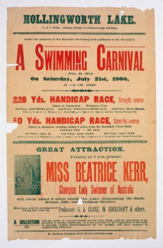 Poster advertising Rochdale Swimming Club Carnival featuring Beatrice Kerr