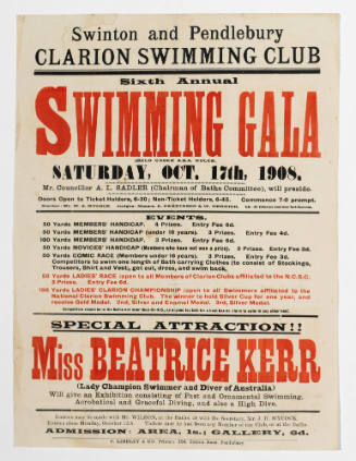 Poster advertising Clarion Swimming Club Gala featuring Beatrice Kerr