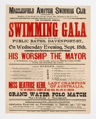 Poster advertising Macclesfield Swimming Club Gala featuring Beatrice Kerr