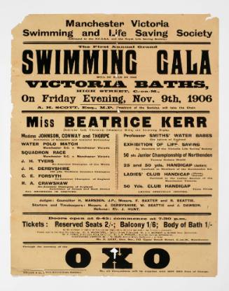 Poster advertising Manchester Victoria Swimming Gala featuring Beatrice Kerr