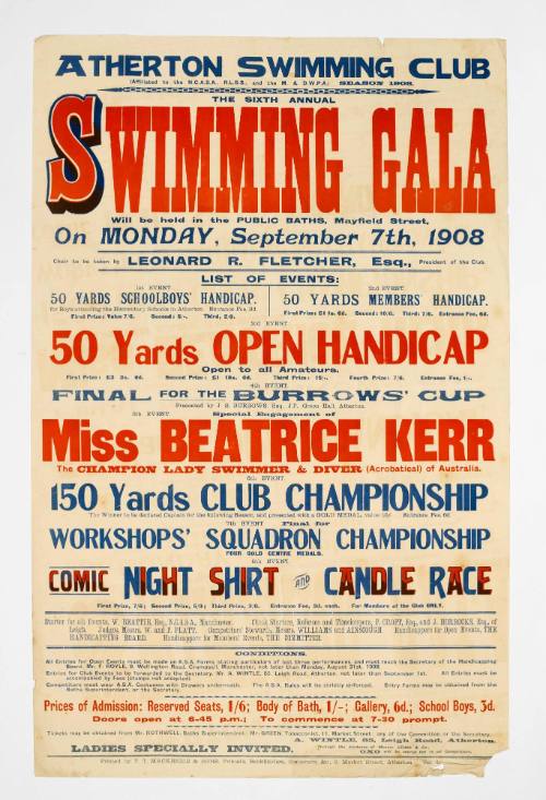 Poster for Atherton Swimming Clubs Sixth Annual Swimming Gala featuring Miss Beatrice Kerr