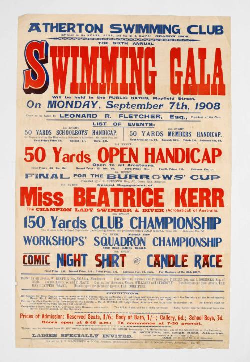 Poster for Atherton Swimming Club Sixth Annual Gala featuring Beatrice Kerr