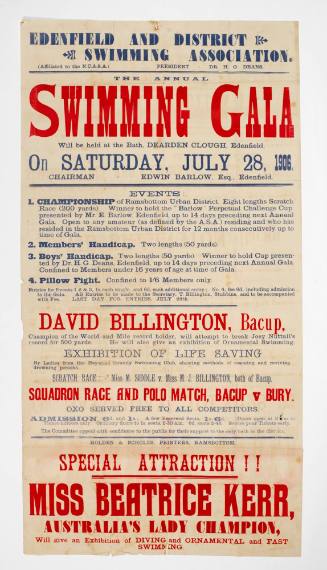 Poster advertising Edenfield Swimming Association Gala featuring Beatrice Kerr