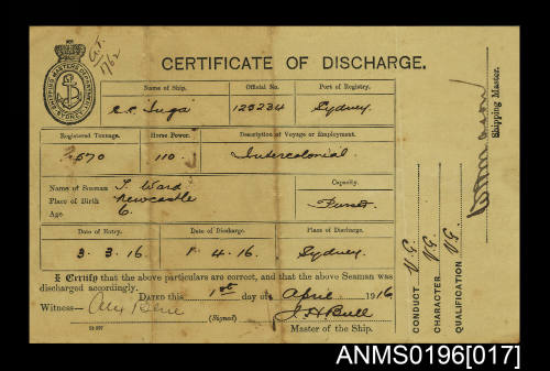 Certificate of Discharge for Thomas Ward dated 1 April 1916