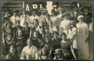 Photographic postcard depicting Beatrice Kerr with the Albert Park Ladies' Swimming Club