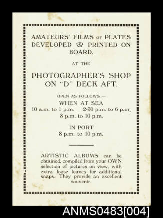 Advertisement card for the on board photographer's shop