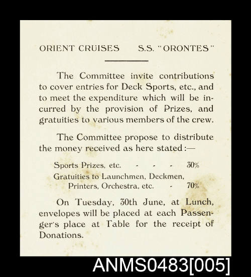 Card from the Committee of SS ORONTES inviting passengers for contributions